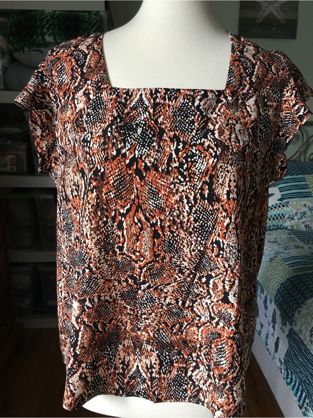 Lipslide Square Neck Snake-Print Blouse in Black & Brown